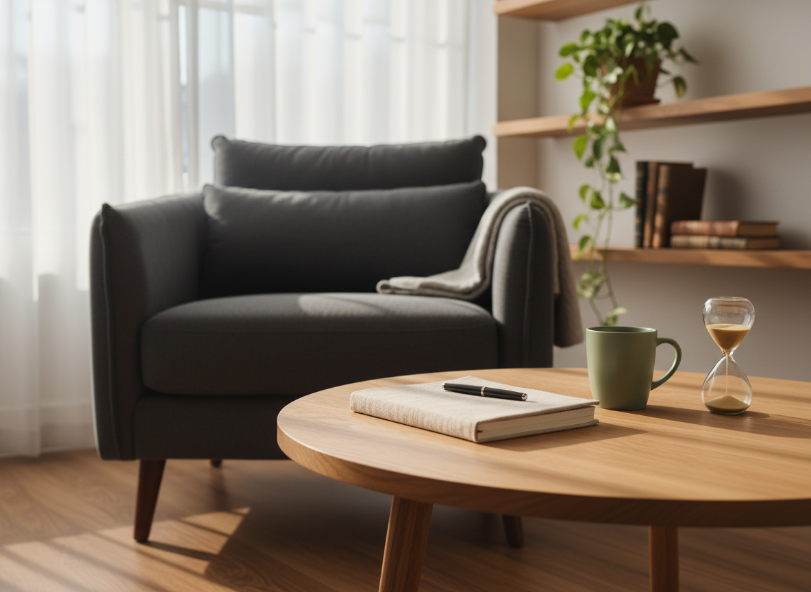 A warmly lit consultation room designed for adult psychotherapy, featuring a deep charcoal fabric armchair facing a low, natural oak coffee table. On the table rests a textured notebook, a smooth ceramic mug, and a small sand hourglass halfway through. Shelves in the background hold a few well‑worn psychology books and a leafy plant, softly blurred. Late afternoon natural light filters through sheer curtains, creating gentle highlights on the wood and soft shadows on the floor. Photographic realism, eye‑level composition with a shallow depth of field emphasizes the inviting chair and table, evoking a calm, professional, and approachable atmosphere suitable for adults seeking emotional support.